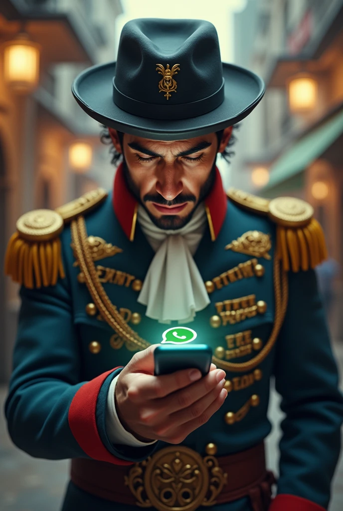 Make Simon Bolivar with a cell phone in his hand adding people to WhatsApp from a top view