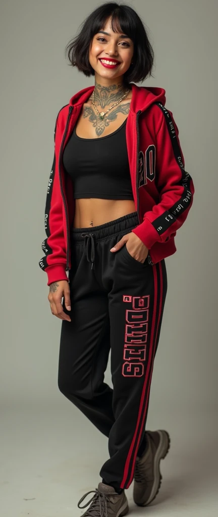 craft a hyper realistic full body length hourglass photo of north Indian beautiful face woman in her age 33, 38B cup breasts, tattoos over arm and body tribal tattoos, wearing tshirt,  ]] [ bob cut hair cut, full body pose, highly detailed, wearing Chicago Bulls Jordan hoodie jacket and tracks, cute smile, colorized, smooth, charming, pretty big sexy smile, red lipstick, soft lips, supple skin, attractive appearance, full body length photo with shoes.