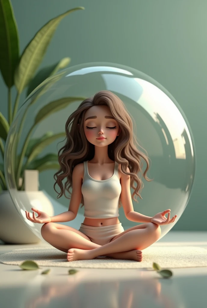 (realistic animation) creates an image of a curly woman, Brown hair, meditating inside a bubble with a plant next to it