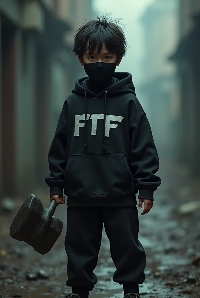 Boy in a black outfit with a black mask holding a sledgehammer with messy hair game style With an outfit that says "ftf" As a logo With a black mask covering his entire A black balaclava over your face