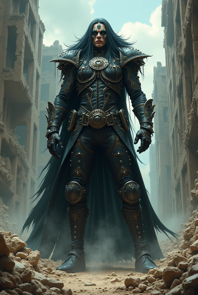 A picture of an antagonist apocalypse warlord with a style of a glam metal rock star, Don Lawrence style with Studio Ghibli aesthetic
