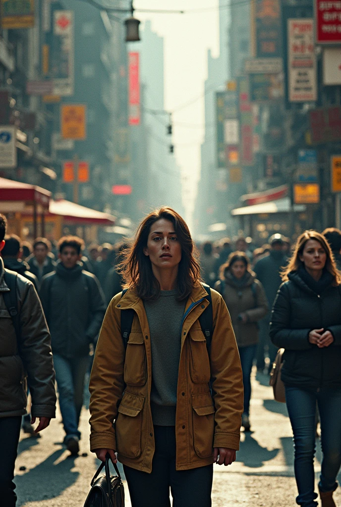 Visual of the person walking through a crowded street, distracted and distressed, as memories from years ago intrude into their thoughts.