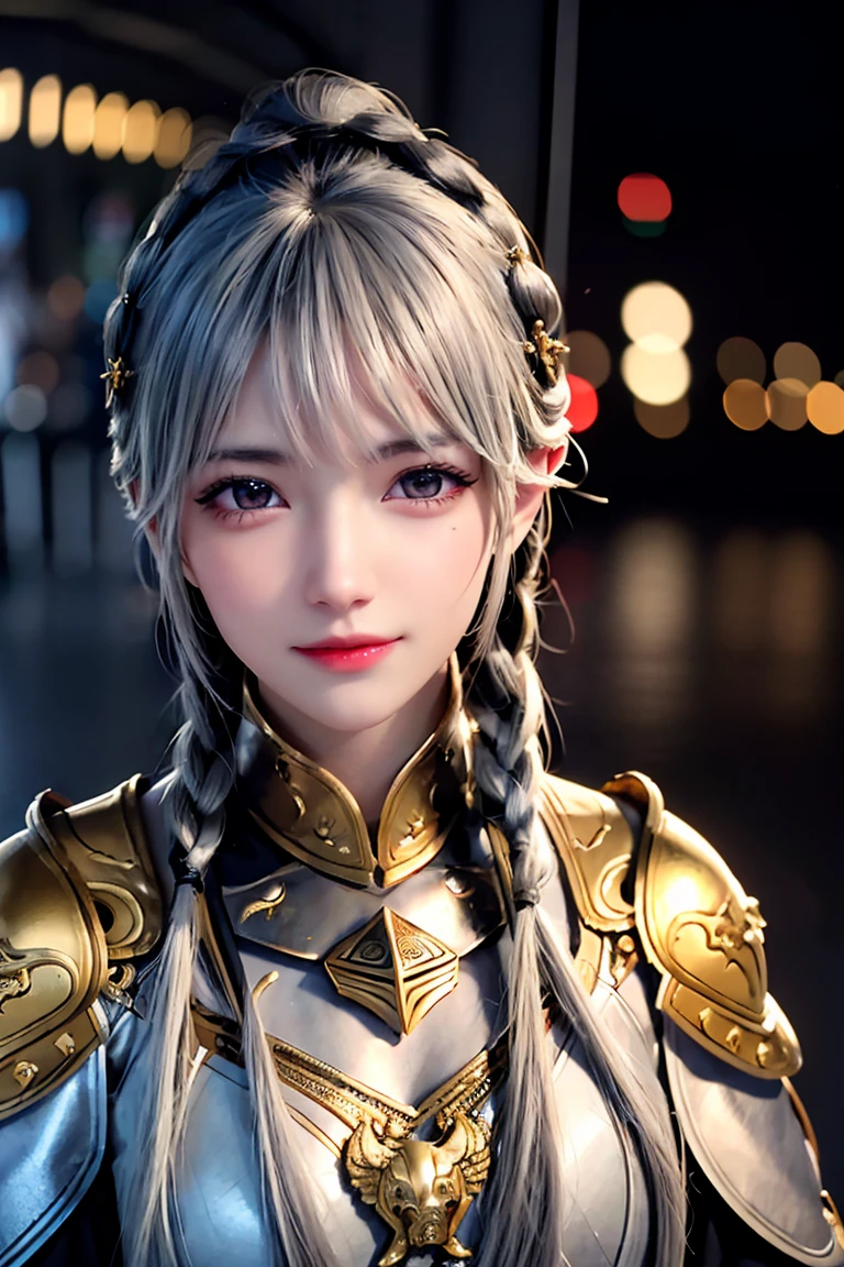 Highest quality, masterpiece,Gray Hair, Golden Eyes,knight, look up, Upper Body,hair,Fair skin,Side braid、knightの鎧、Underground City