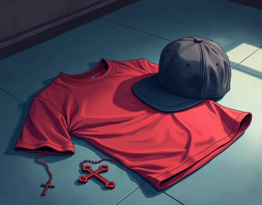  
Red T-shirt crumpled on the floor and next to it a baseball cap and a rosary 2d style anime visually beautiful very anime Anime style animeRed T-shirt crumpled on the floor and next to it a baseball cap and a rosary 2d style anime visually beautiful very anime 
