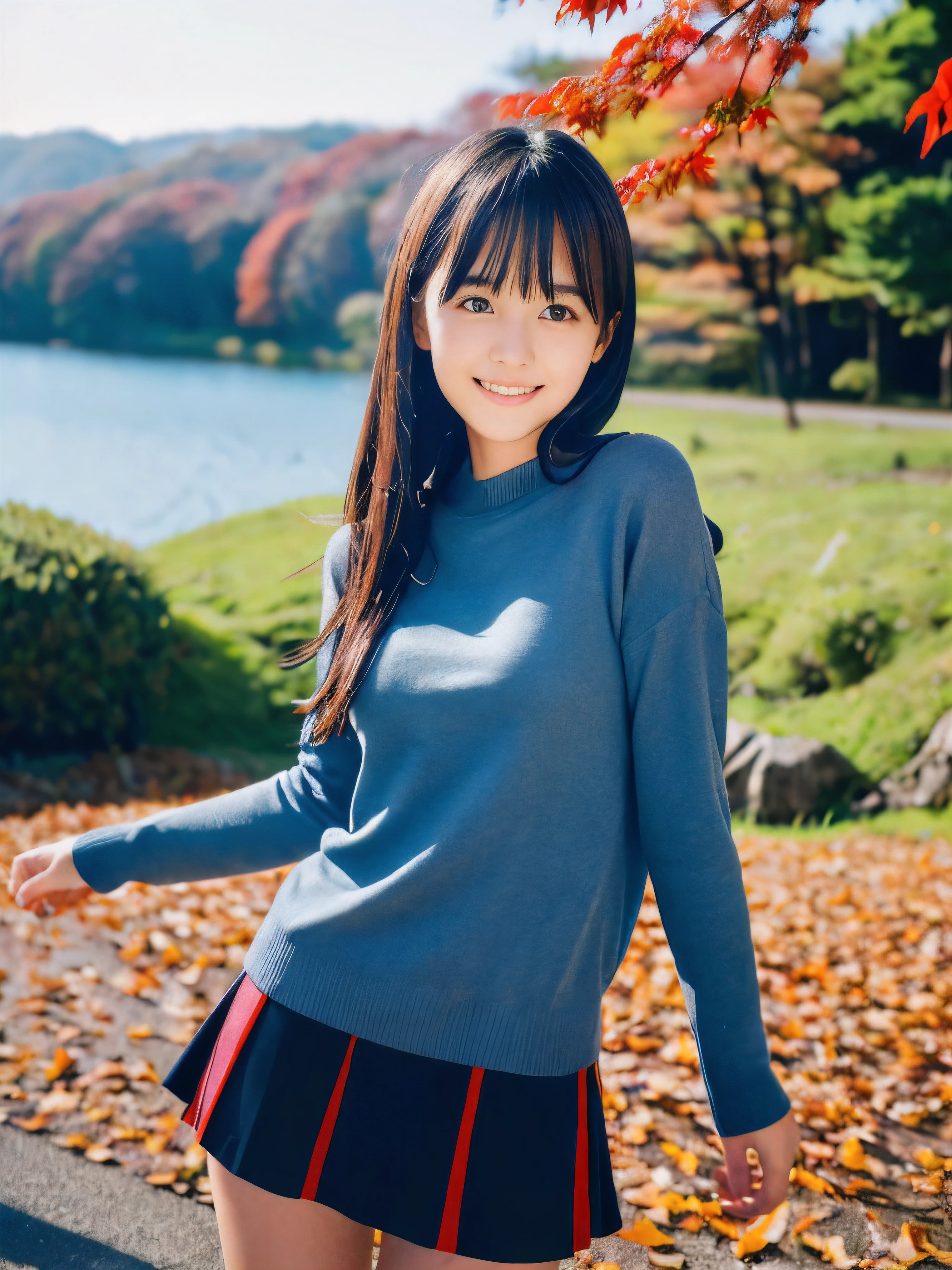 (Close up face shot of one slender small breasts dark silver long hair with swept bangs girl in a long sleeves shirt and sweater and skirt:1.5)、(One girl is dancing with happy smile on the dart road near the lake and big waterfall in Japan:1.5)、(Beautiful autumn red leaves landscpe:1.5)、(Natural light:1.5)、(8k ultra detailed master piece:1.5)、(perfect anatomy:1.5)、(Photorealistic stick:1.5)、(Raw photo:1.3)、(highest quality:1.5)、(High resolution:1.3)、(Delicate and beautiful perfect face:1.3)、(Delicate and beautiful eye air skin:1.3)、(Real Human Skin:1.3)、((thin legs))