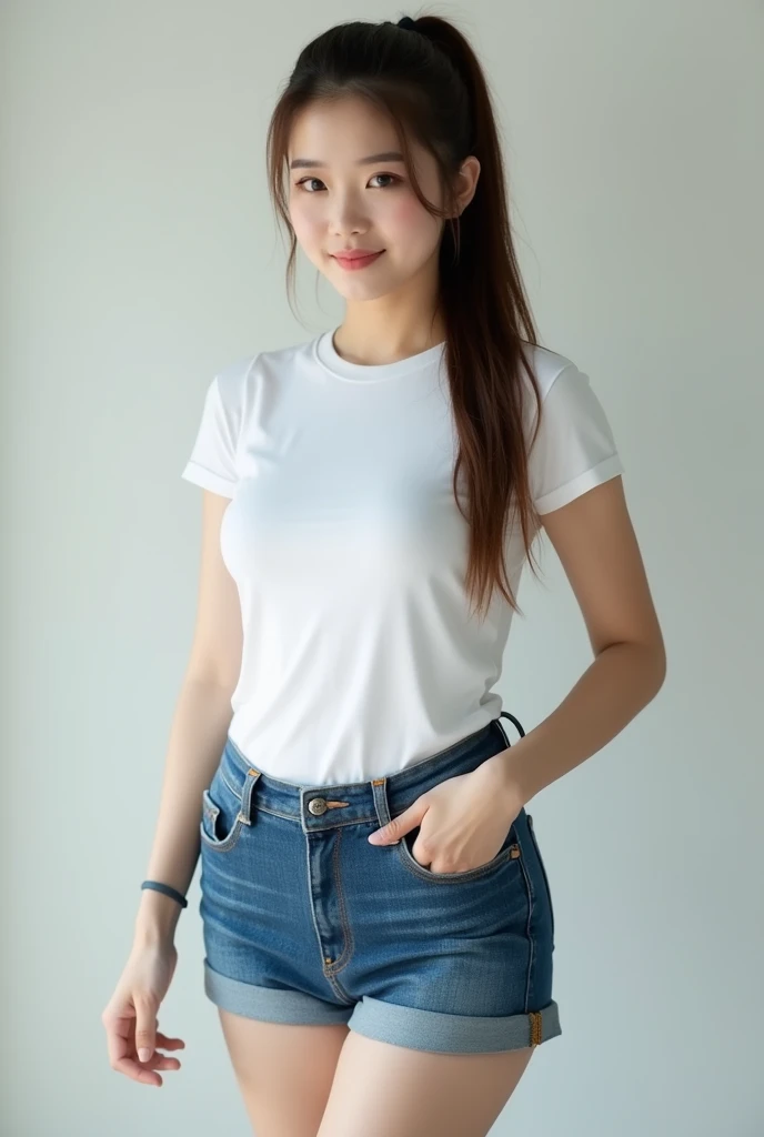 Sexy Actress The skirt is a jeans-style miniskirt
Clothes: White T-shirt Japanese Big Breasts Full body portrait Ultra HD
God has straight brown hair in a ponytail