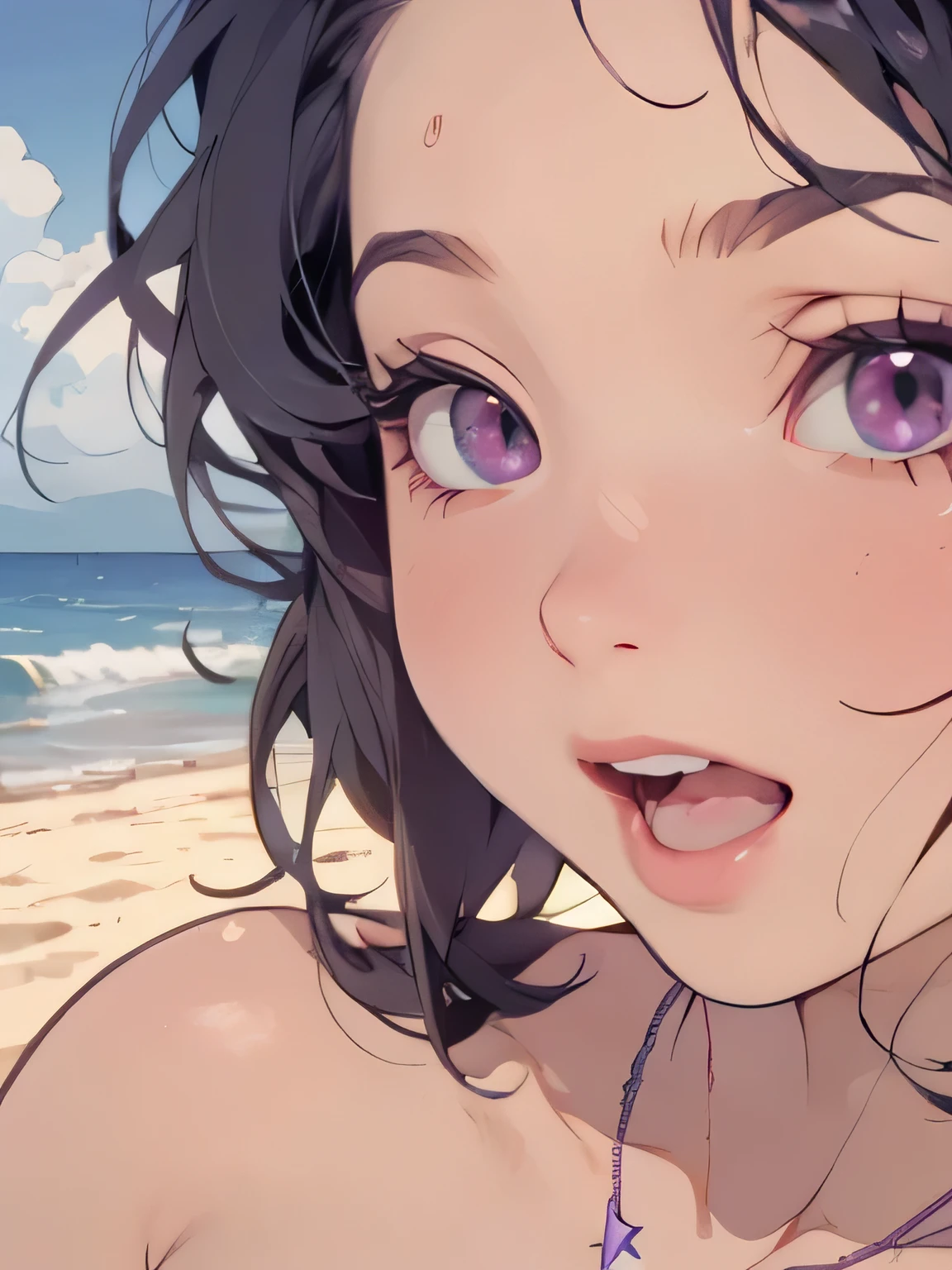 ((high quality colour line art)), (highly detailed), ((cute girl face)), (naked), (((((small tits))))), ((star-shaped blue necklace)), (((sunny beach))), ((pale skin)), (((anatomically correct))), (((long black hair))), (((chubby))), (singing), ((close-up)), ((purple eyes)), ((whole face))