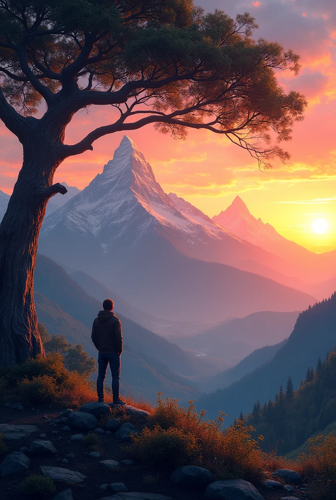 Landscape of two mountains, Sunset, tree with person watching the landscape