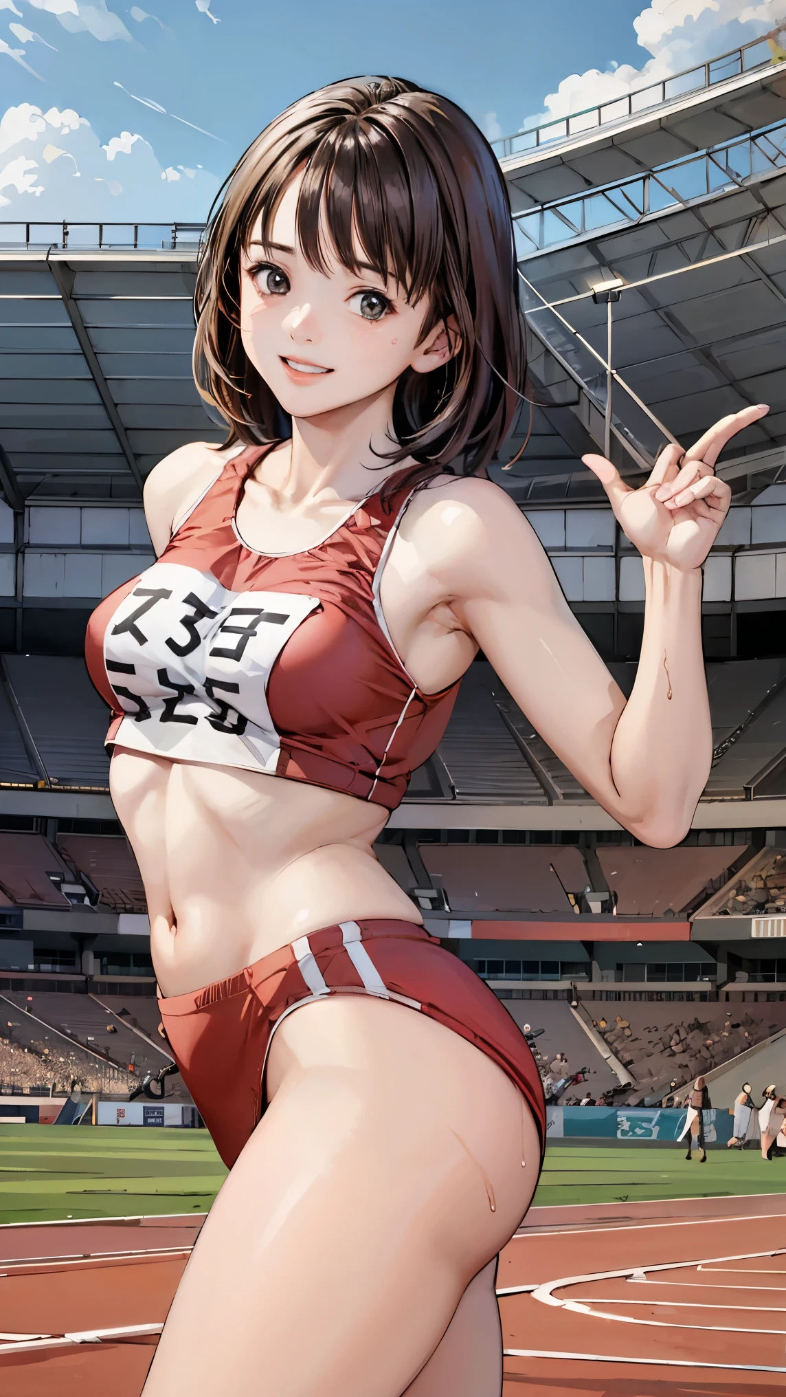  (Three Girls)、(Athletics Stadium、truck),、smile、The men are laughing、、Short Hair、They hesitate,、Wet Hair,  Underarm, Mid-chest, Realistic butt crack , (High color saturation:1.0),  (Very detailed肌), (Highest quality:1.0), (Ultra-high resolution:1.0) ,(Realistic:1.0), (Very detailed:1.0), (8k, RAW Photos:1.1)、Center of chest、Spread your legs、Yoshizuki Iori、Running、(White Athletics Uniform、English bib number)、(Front view)