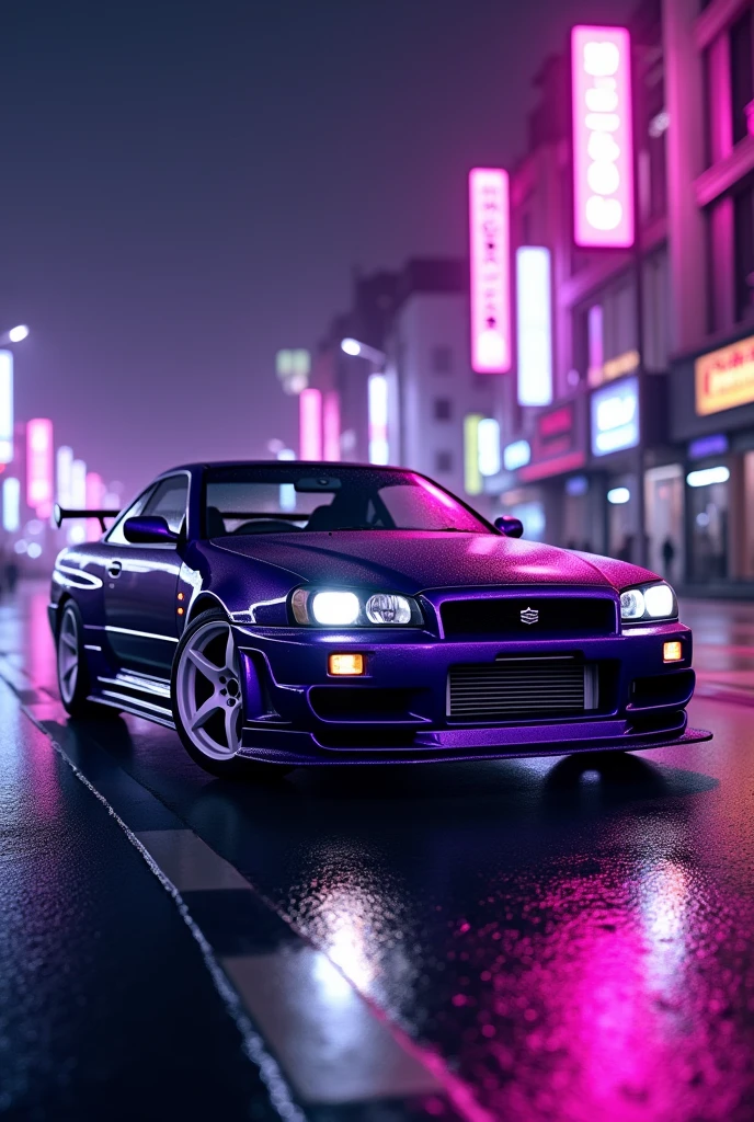 A dark purple skyline r34 with fast and furious style purple LEDs with front lip and side skirts simple white wheels on a realistic nighttime street in Japan in wallpaper format