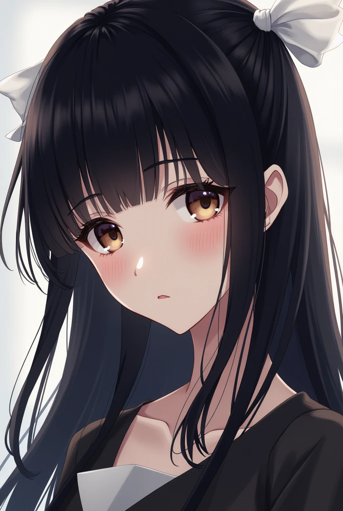 An anime girl who has long black hair that she wears tied back with a white ribbon at the bottom of her hair. , Her straight bangs cover her entire forehead.. His eyes are light brown but can sometimes appear black. His skin is pale so it contrasts greatly with his hair.