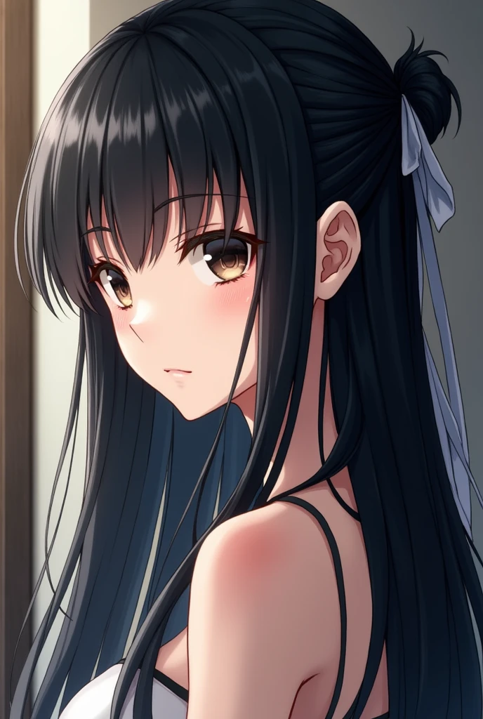 An anime girl who has long black hair that she wears tied back with a white ribbon at the bottom of her hair. , Her straight bangs cover her entire forehead.. His eyes are light brown but can sometimes appear black. His skin is pale so it contrasts greatly with his hair.