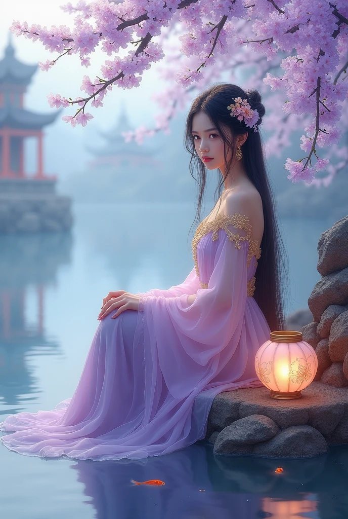 {
  "prompt": "An ethereal scene with a young woman sitting by a tranquil lake. She wears a flowing gown of sheer, pastel lavender and pink fabrics. Her long dark hair is adorned with delicate gold hair ornaments shaped like flowers. In the misty background, a distant pagoda-style structure is visible. Small orange and goldfish swim in the clear reflective water. Overhead, branches with purple and lavender leaves add a whimsical touch. A glowing lantern with floral patterns rests by her side in the water, casting a warm, soft light. The setting blends traditional Asian art with fantasy elements, emphasizing tranquility and otherworldly beauty.",
  "size": "1024x1792"
}