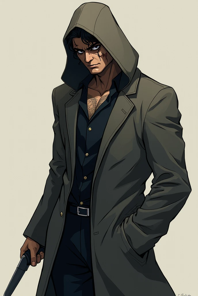 make a man with the features of the jojo anime with a knife kit and with more discreet clothes and with a hood and scars