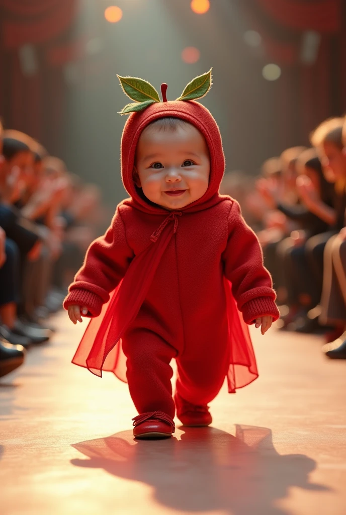 Excessive detail cute smiling newborn wearing an apple costume in a real life fashion show and full body