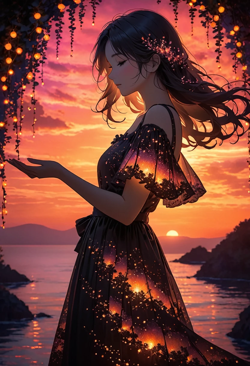 The image depicts a silhouette of a girl standing against a stunning sunset background. The sky transitions from a deep pink near the horizon to a deep Orange  as it ascends. The figure appears to be enveloped in a series of tiny glowing fairy lights, some of which are illuminated, creating a stunning and captivating contrast to the dark silhouette. The figure appears to be holding out one arm, perhaps adjusting to or interacting with the lights. The overall mood of the image is peaceful and magical.