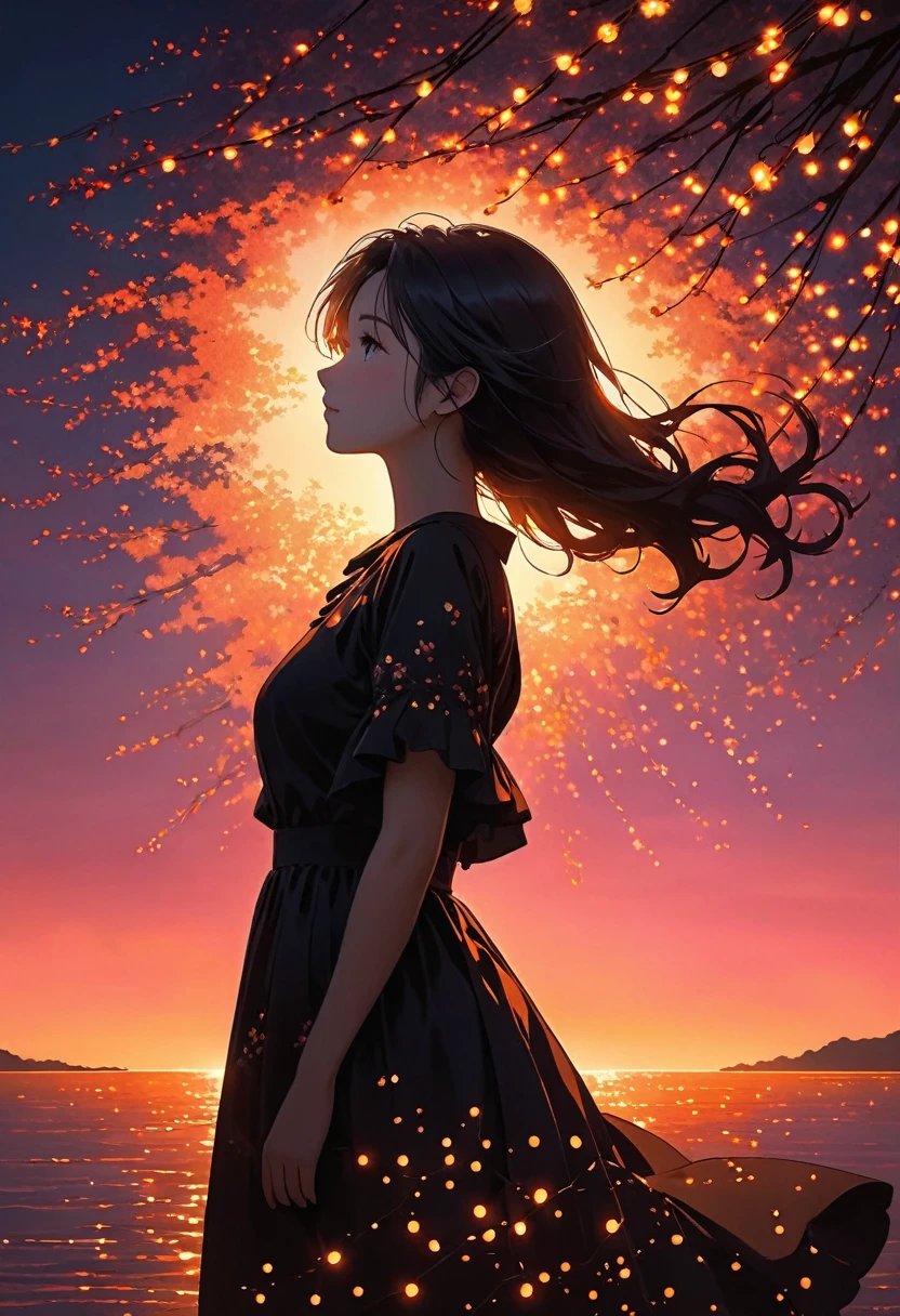 The image depicts a silhouette of a girl standing against a stunning sunset background. The sky transitions from a deep pink near the horizon to a deep Orange  as it ascends. The figure appears to be enveloped in a series of tiny glowing fairy lights, some of which are illuminated, creating a stunning and captivating contrast to the dark silhouette. The figure appears to be holding out one arm, perhaps adjusting to or interacting with the lights. The overall mood of the image is peaceful and magical.