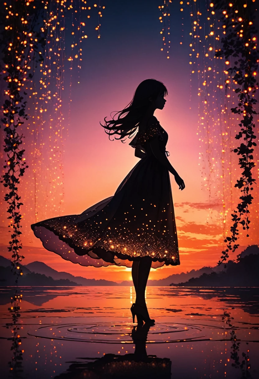 The image depicts a silhouette of a girl standing against a stunning sunset background. The sky transitions from a deep pink near the horizon to a deep Orange  as it ascends. The figure appears to be enveloped in a series of tiny glowing fairy lights, some of which are illuminated, creating a stunning and captivating contrast to the dark silhouette. The figure appears to be holding out one arm, perhaps adjusting to or interacting with the lights. The overall mood of the image is peaceful and magical.