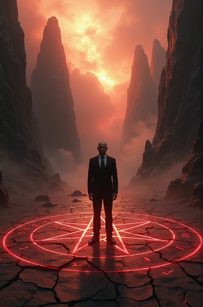 A man in a suit in the center of a pentagram on the ground in hell 