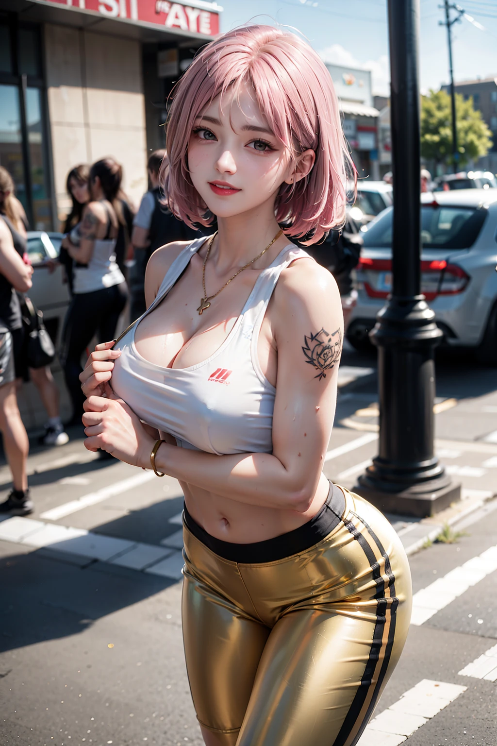 1Women, early 20s, fashion model, short silky pink hair, gold armlet, gold bracelet, golden eyes, happy, satisfied smile, golden cross necklace, Big breast, jewellery, shiny skin, sweating, wet, sweat, exercising, running, Tattoo. Tattooed. fashion clothes, sleeveless dress, cleavage, breast tattoo, chest tattoo, tattoo on upper breast, Tattoos. Gloves, sports pants, sports bra. crowd, bystanders, in public.