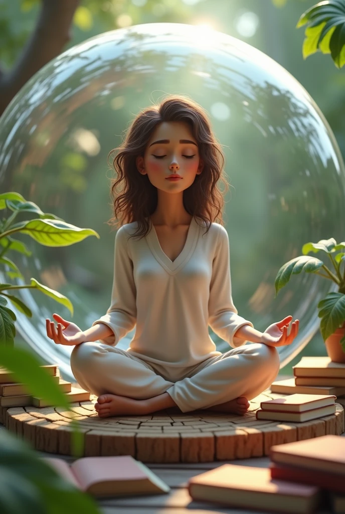 (realistic animation) creates an image of a curly woman, Brown hair, with books next to it and plants, meditating inside a bubble , 