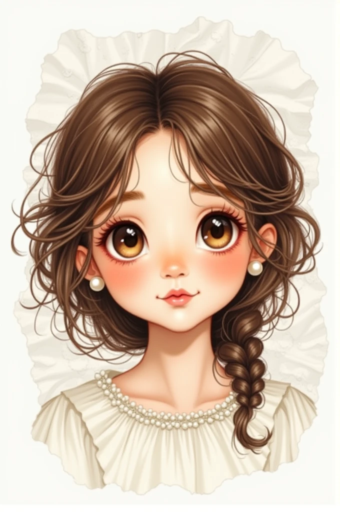 Generates an image of a brunette girl with pearl-like earrings and brown eyes and curly hair. But it must be a and the image must be a drawing-type image with a white background and wrinkled, as if the wrinkled image were joined together.