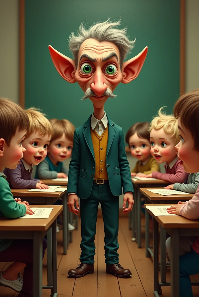 A teacher with green eyes and a big nose. and their  students babies