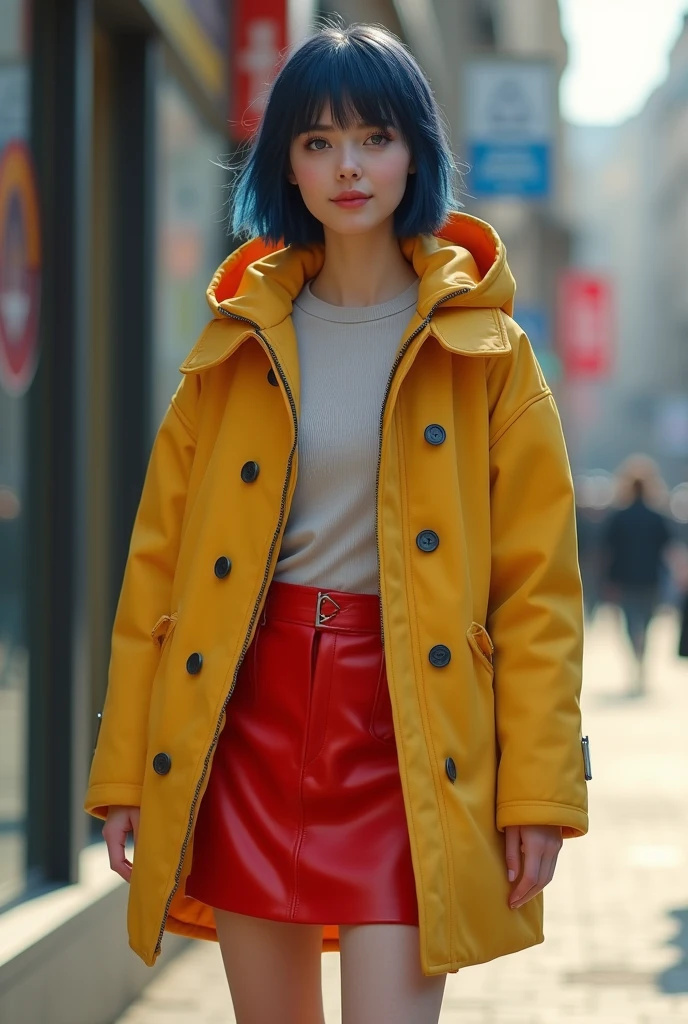 ultra mini skirt above the knee ,realistic style, 4k, best quality, 18 yaer old girl, european, blue eyes, rectangular face type, triangle body type, wearing yellow coat with hood backwards and a red ultra mini skirt above the knee, wearing brown leather women's shoes, dark blue hair with straight bangs and short haircut, realistic, 4k, best quality