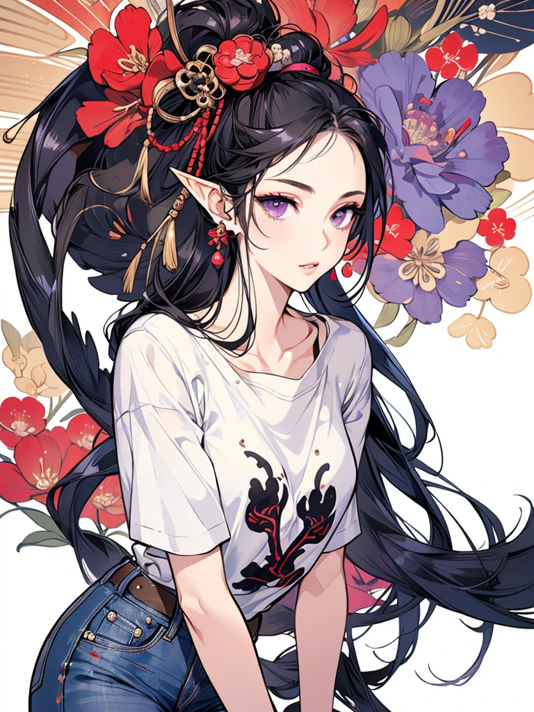 masterpiece, Highest quality, One girl, Super detailed, Ultra-high resolution, Distinct facial features, Anatomically correct, pretty girl, Long pointy ears, Fairy, Nice face, Black Hair, Purple Eyes, full body, White T-shirt, jeans, Ukiyo-e,