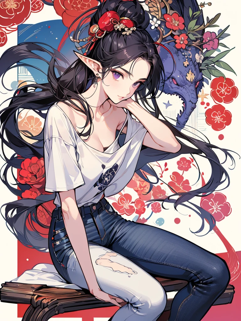 masterpiece, Highest quality, One girl, Super detailed, Ultra-high resolution, Distinct facial features, Anatomically correct, pretty girl, Long pointy ears, Fairy, Nice face, Black Hair, Purple Eyes, full body, White T-shirt, jeans, Ukiyo-e,