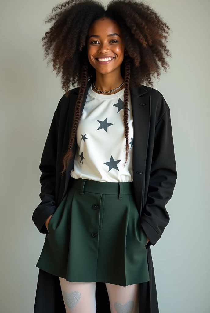a real image of a young black woman with long afro braids, with freckles on her face and a friendly smile, with silver necklace, a short flowing dark green skirt, white tights with heart designs on them ,white t-shirt with gray star and spiral designs on it, and a black coat, fully body