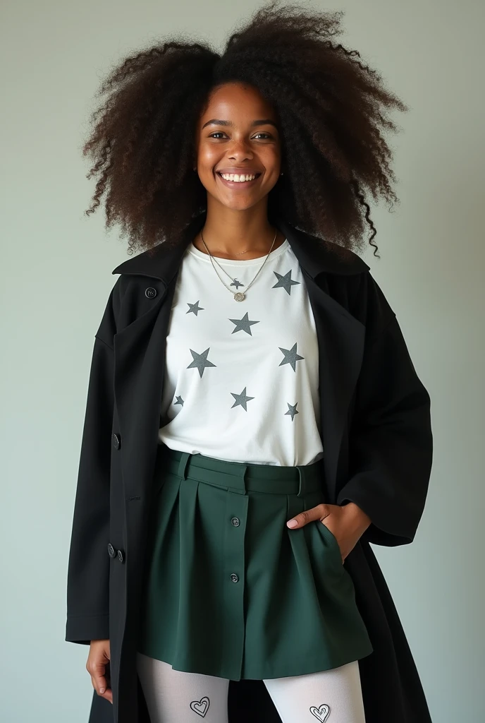 a real image of a young black woman with long afro braids, with freckles on her face and a friendly smile, with silver necklace, a short flowing dark green skirt, white tights with heart designs on them ,white t-shirt with gray star and spiral designs on it, and a black coat, fully body