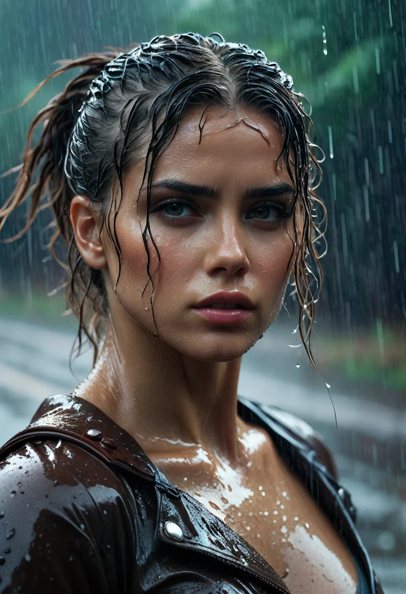 Realist:1.3,( fotorRealista, 8k, RAW Photos, premium quality, work of art, epic lighting. close up, Centered image), (foreground),((1 beautiful self-confident girl, well-formed muscles, Post-apocalyptic, warrior, perfectly detailed face and body, (foreground), rainy scene, poor lighting due to rain,(( face and body wet from the rain:1.5)),atmospheric lighting, dynamic pose, beautiful and detailed hair, leather clothing)),  ((Imaginative scene)),((perfect, meticulously detailed.:1.3)), ((Accurate shot: 1.4)), ((best qualityer )), ((work of art)), 3d, (hyper detailled: 1.3), ((Epic setting: 1.3)), ((natta background: 1.3 ))), (((natta:1.2))), ( fotorRealista: 1.4), ((frontal camera)),( (Low-light natta cinematic lighting: 1.2)). 32, (bíceps)