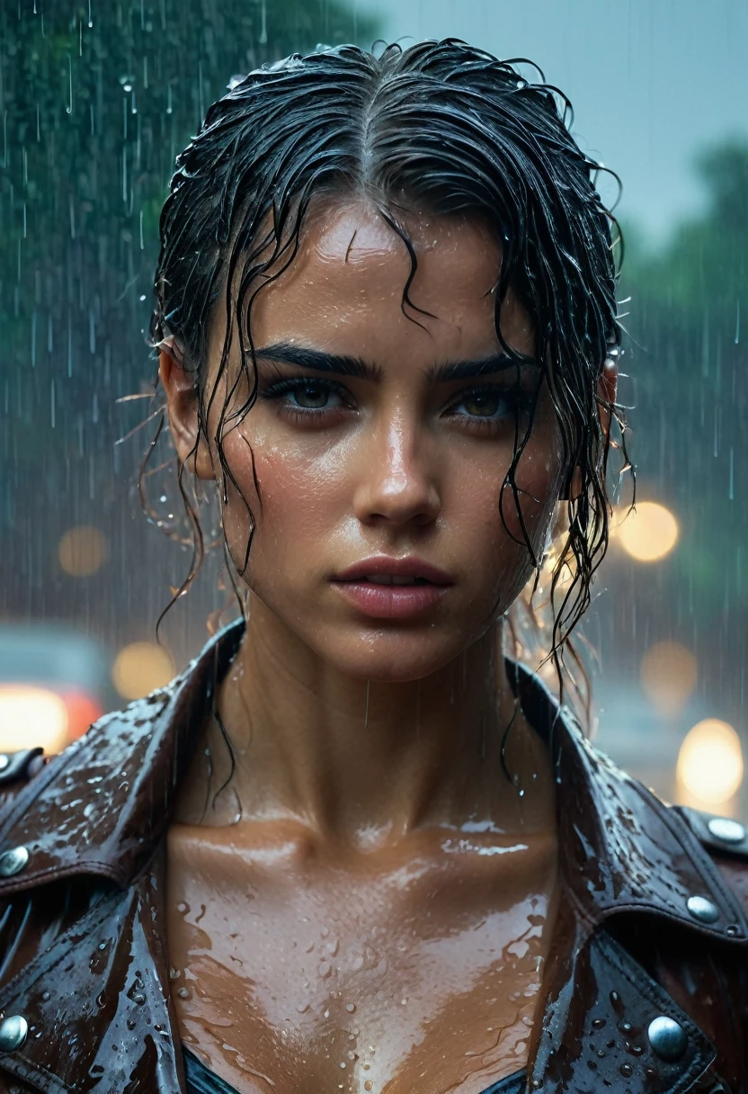 Realist:1.3,( fotorRealista, 8k, RAW Photos, premium quality, work of art, epic lighting. close up, Centered image), (foreground),((1 beautiful self-confident girl, well-formed muscles, Post-apocalyptic, warrior, perfectly detailed face and body, (foreground), rainy scene, poor lighting due to rain,(( face and body wet from the rain:1.5)),atmospheric lighting, dynamic pose, beautiful and detailed hair, leather clothing)),  ((Imaginative scene)),((perfect, meticulously detailed.:1.3)), ((Accurate shot: 1.4)), ((best qualityer )), ((work of art)), 3d, (hyper detailled: 1.3), ((Epic setting: 1.3)), ((natta background: 1.3 ))), (((natta:1.2))), ( fotorRealista: 1.4), ((frontal camera)),( (Low-light natta cinematic lighting: 1.2)). 32, (bíceps)