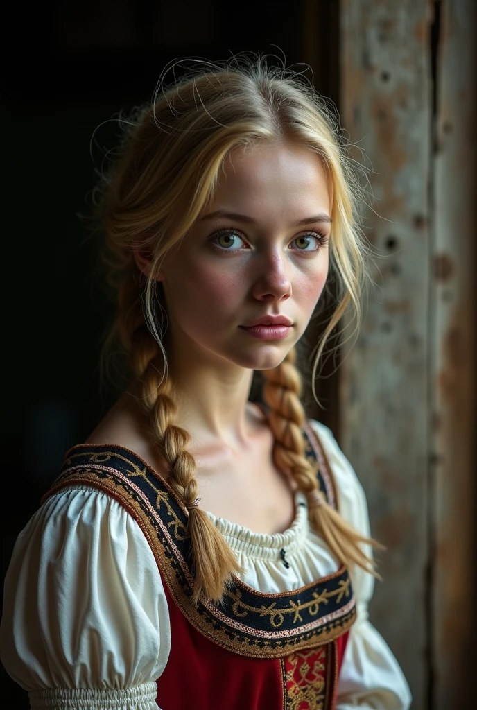 historical setting, bright piercing eyes, ,  breathtaking Natalie Shau style portrait , 8K, beautiful Estonian peasant bride , folk dress, traditional wedding attire,  poor, hungry expression, poor, village wedding,  , alluring, innocent, blonde hair, , pale skin, night, low light, sharp focus, studio photo, intricate details, highly detailed,, chin up, looking down,
vignette, highly detailed, bokeh, moody, epic, gorgeous, film grain, grainy