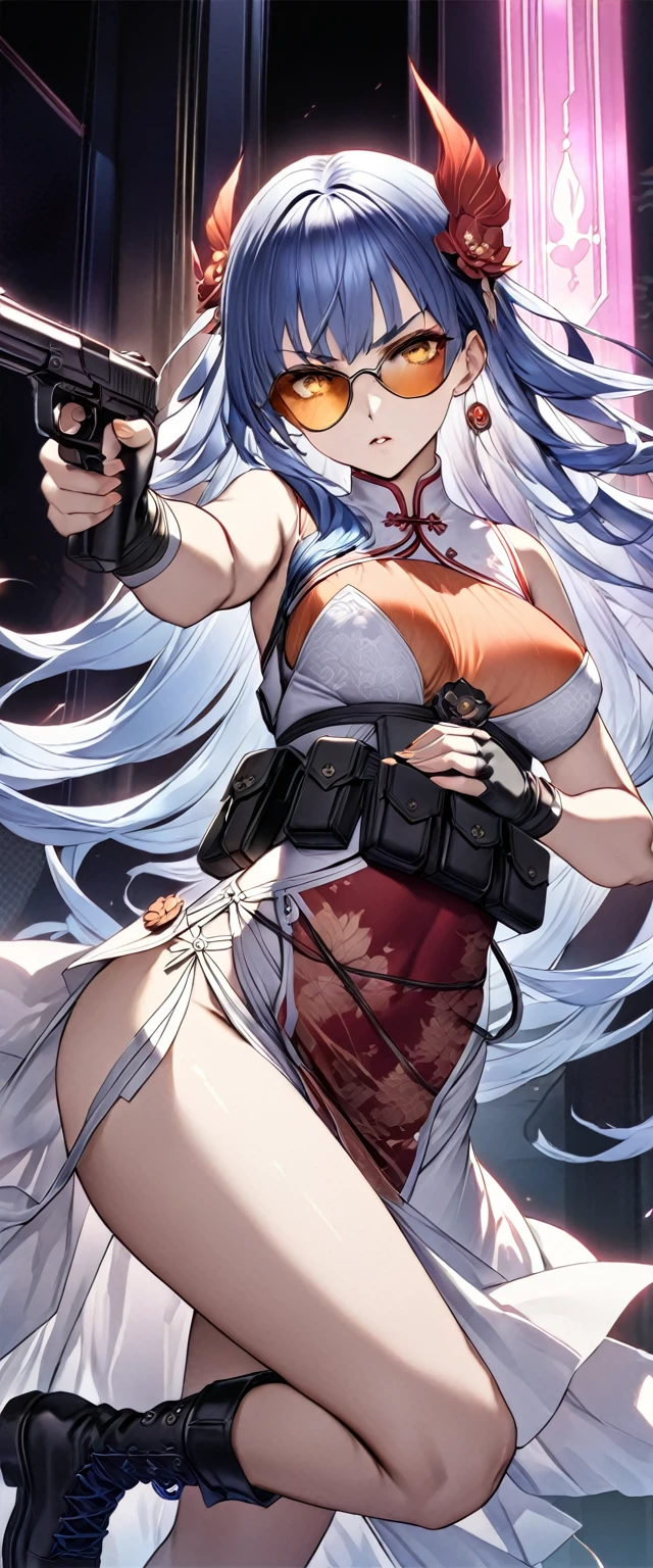 masterpiece、Highest quality、Ultra-high resolution、Maximum resolution、Very detailed、Professional Lighting、anime、Adult female、thin、so beautiful、、White cheongsam、White Chinese clothing、sexy Chinese dress、Deep slit、He has a gun、Holding a handgun in both hands、Yellow Eyes、Blue Hair、Long Wavy Hair、Earrings、Fingerless gloves、Tactical Boots、Equipped with transparent orange sunglasses、Equipped with a chest rig, (((hold a gun and take aim))), (((Action pose))), (((Random Pause)))