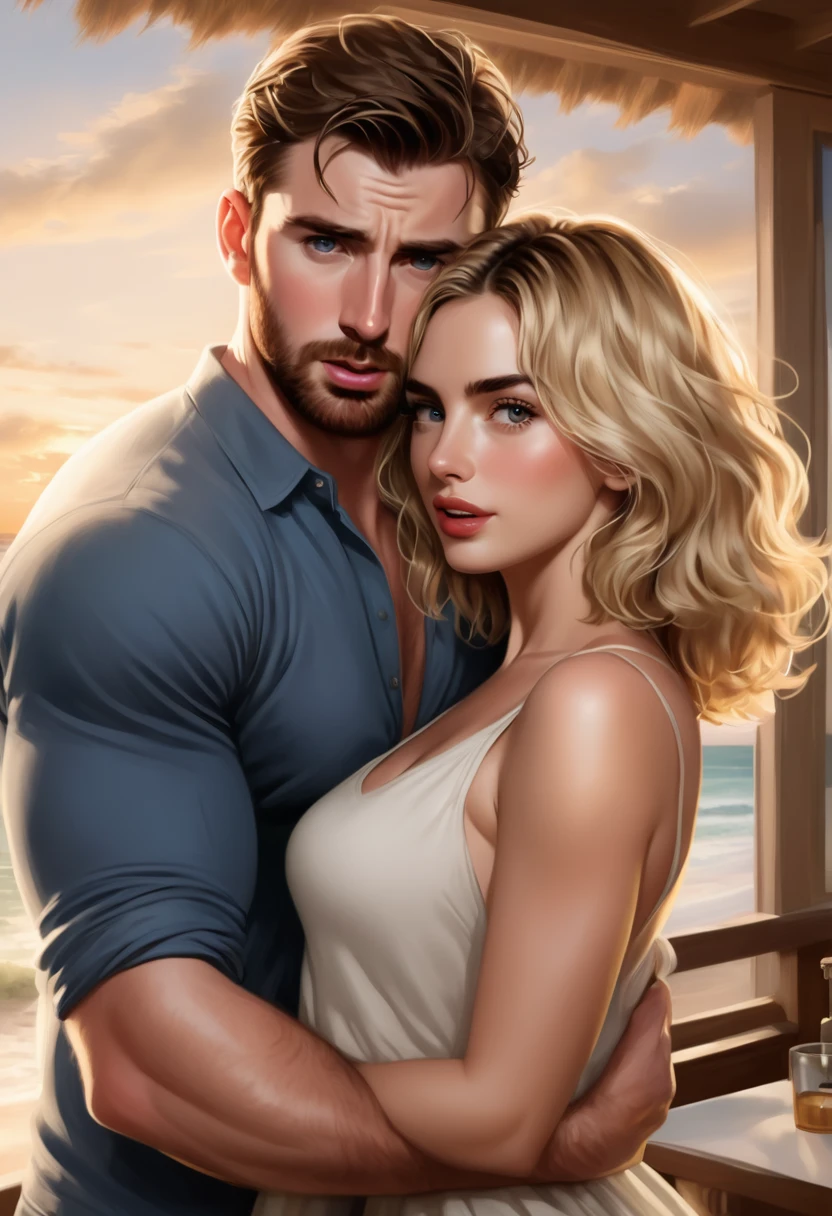 Generate the image of a couple. 
 The beautiful Ana de Armas, gold eyes, short wavy blonde hair. 
And the beautiful Chris Evans.
Both in a beach house, the scene denotes sensuality and passion.
