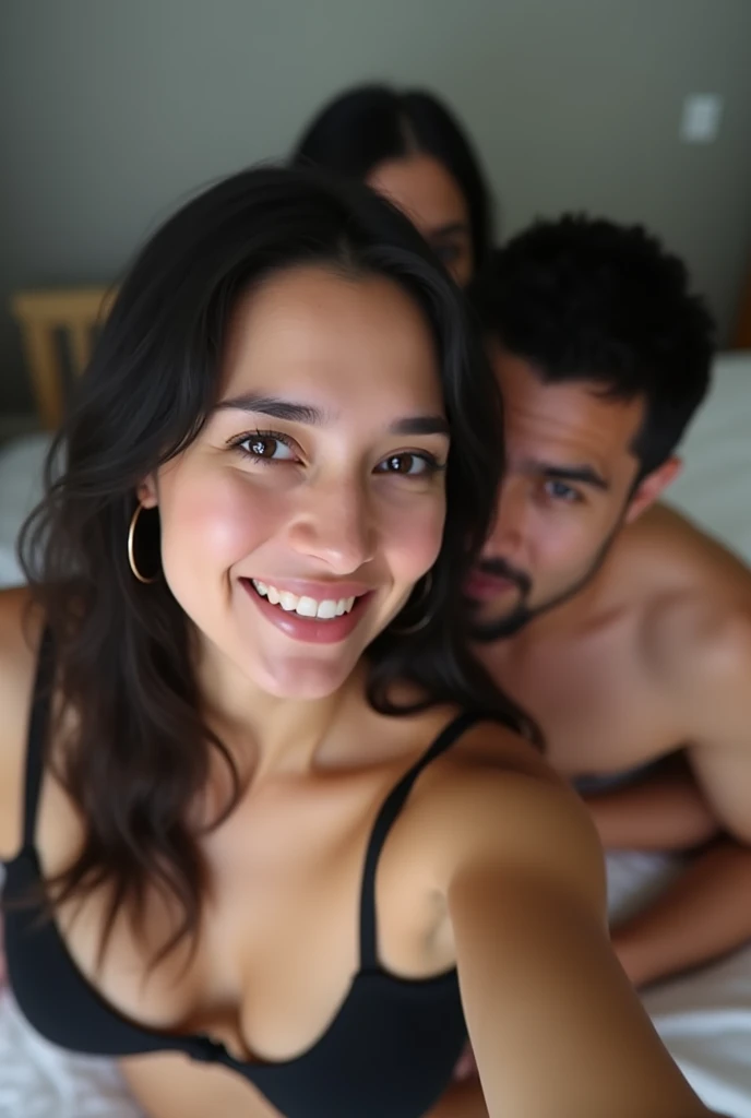 Man and woman selfie, both are , man muscular with big dick,an sexy withwn hair, selfie from above, intimate, naked