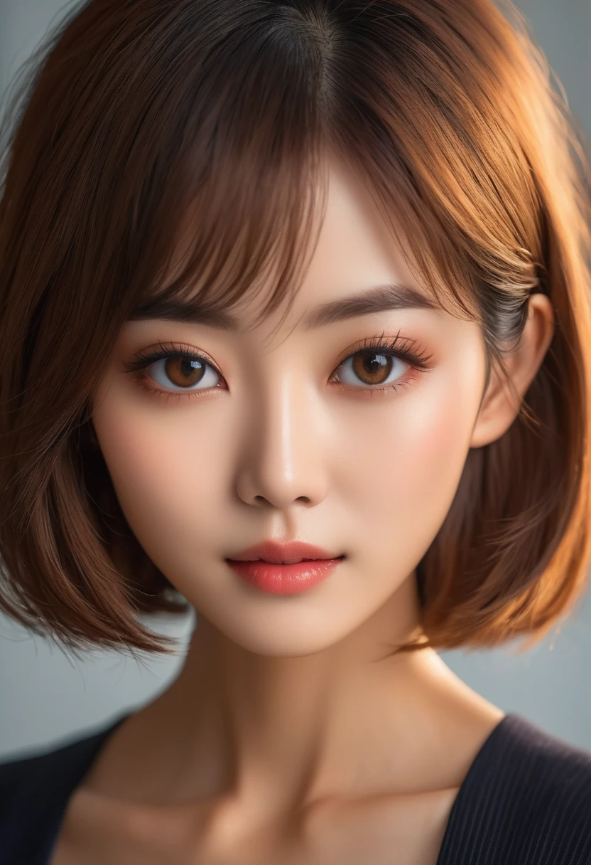 (masterpiece),(Highest quality:1.2),(Very detailed:1.2),(High resolution),(Photorealistic Stick),(RAW Photos),8k,Backlight,(Written boundary depth),(Sophisticated lighting:1.2),Close-up of a dressed woman,Soft portrait photography,Beautiful Japanese Woman,Gorgeous face portrait,(Eye light,Sharp pupils,Detailed eye drawing,)Very beautiful face,(Beautiful and firm skin,Detailed skin texture:1.3),Beautiful portrait,A lovely and delicate face,Beautiful young Japanese woman,Short Bob,Look here,front,(pov shot),(((Sports Bra))),(Sleepy face:1.2)