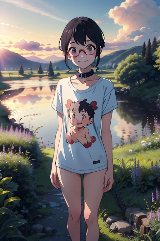 (high quality)，One ，Baby Face，naked，Very short stature，very small flat chest，Very flat chest that looks like it might expand，Very thin limbs，Thin thighs，naked，Extra large, - Loose collar, Very long T-shirt、Loose Fit T-Shirt，Glasses，grassland，smile，blush，At dusk，Midsummer，Beautiful sunset，Cumulonimbus，bright，bright色，watercolor, Ghibli style，