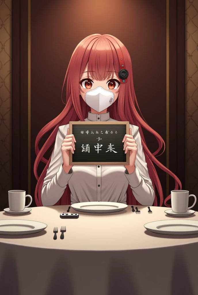 I'm having a dinner with 5 people.、long beautiful hair、white mask、arafed woman wearing a face mask、(highest quality、High resolution、masterpiece:1.3)、(The background is a luxury hotel lobby)、Precisely expresses details such as face and skin texture、Big eyes、double eyelid、In the hands「Game Controller」He has a signboard with the words