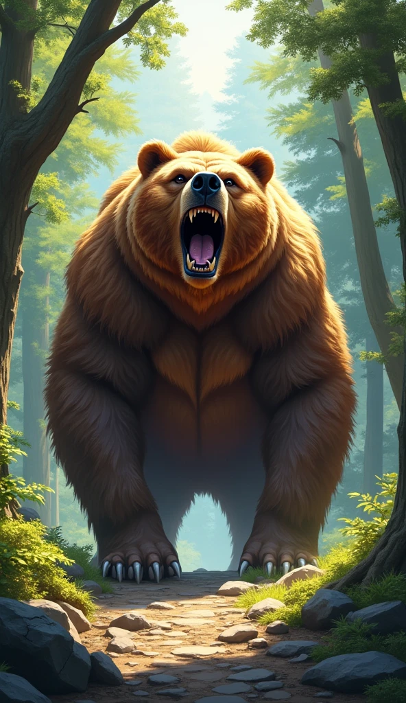 The image is a digital illustration of a large, brown bear standing on a rocky path in a forest. The bear is facing towards the right side of the image and its mouth is open wide, as if it is roaring or roaring. The background is filled with tall trees and lush greenery, creating a peaceful and serene atmosphere. The colors are vibrant and the overall mood of the illustration is one of power and strength.