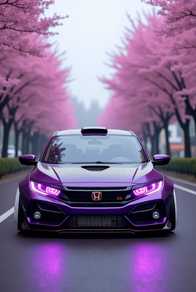 A dark purple Honda Civic with fast and furious style purple LEDs with front lip spoiler and simple side skirts simple white wheels on a street in Japan with realistic flowering tree landscapes in wallpaper format