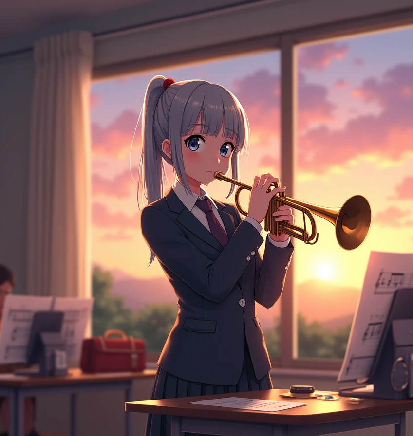 (Stand and play the trumpet 1∶3)、One girl, High resolution, , masterpiece, accurate, Highest quality, detail, 高いdetail, Very detailed, Ultra high definition, Shortcuts, Bright Eyes, Sparkling eyes, Close-up, , far and near method, Cinematic light effects, Digital Art, School club practice、Student bag、Book、pencil、Blazer-type short-sleeved school uniform、
Musical score、Window、sunset、smile, Headband, Cowboy Shot, Cowboy Shot, Front blur, Wide-angle shot, Gray Hair, ponytail, Bangs, smile, Blushing, Sparkle Effect, Illustration, Anime Style, Diversity, Super detailed, Focus on people、close distance