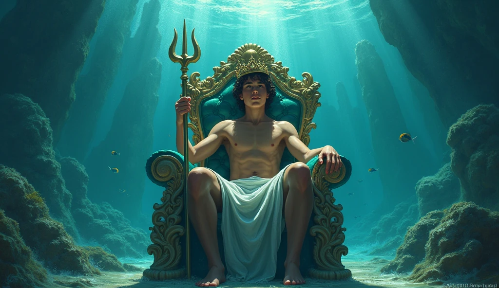 percy jackson, 14years boy, the sea throne of atlantis, the Poseidon's Trident in his hand, underwater, a simple crown on his head, shirtless, greek clothes

