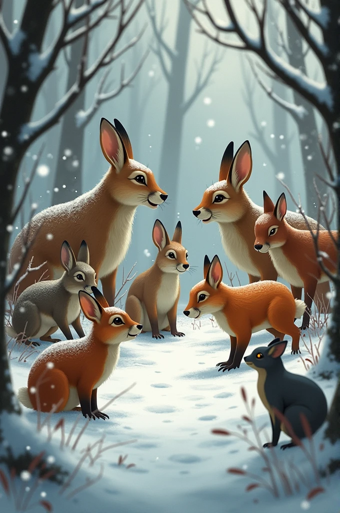 illustration: A group of forest animals with snow notes talking in fear. A fox and a weasel listening behind a bush.