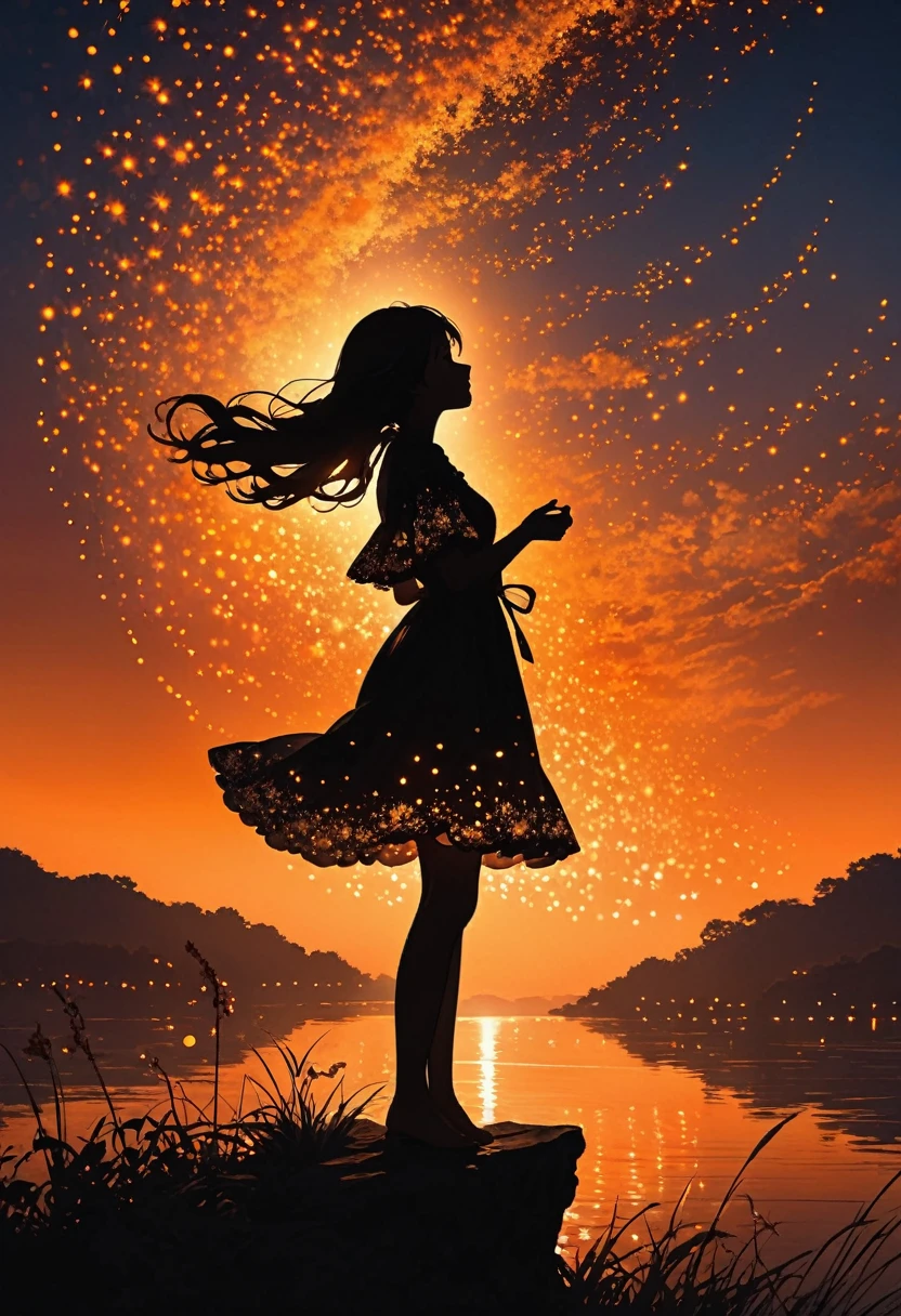 The image depicts a silhouette of a girl standing against a stunning sunset background. The sky transitions from a deep Orange  near the horizon to a deep Orange  as it ascends. The figure appears to be enveloped in a series of tiny glowing fairy lights, some of which are illuminated, creating a stunning and captivating contrast to the dark silhouette. The figure appears to be holding out one arm, perhaps adjusting to or interacting with the lights. The overall mood of the image is peaceful and magical.