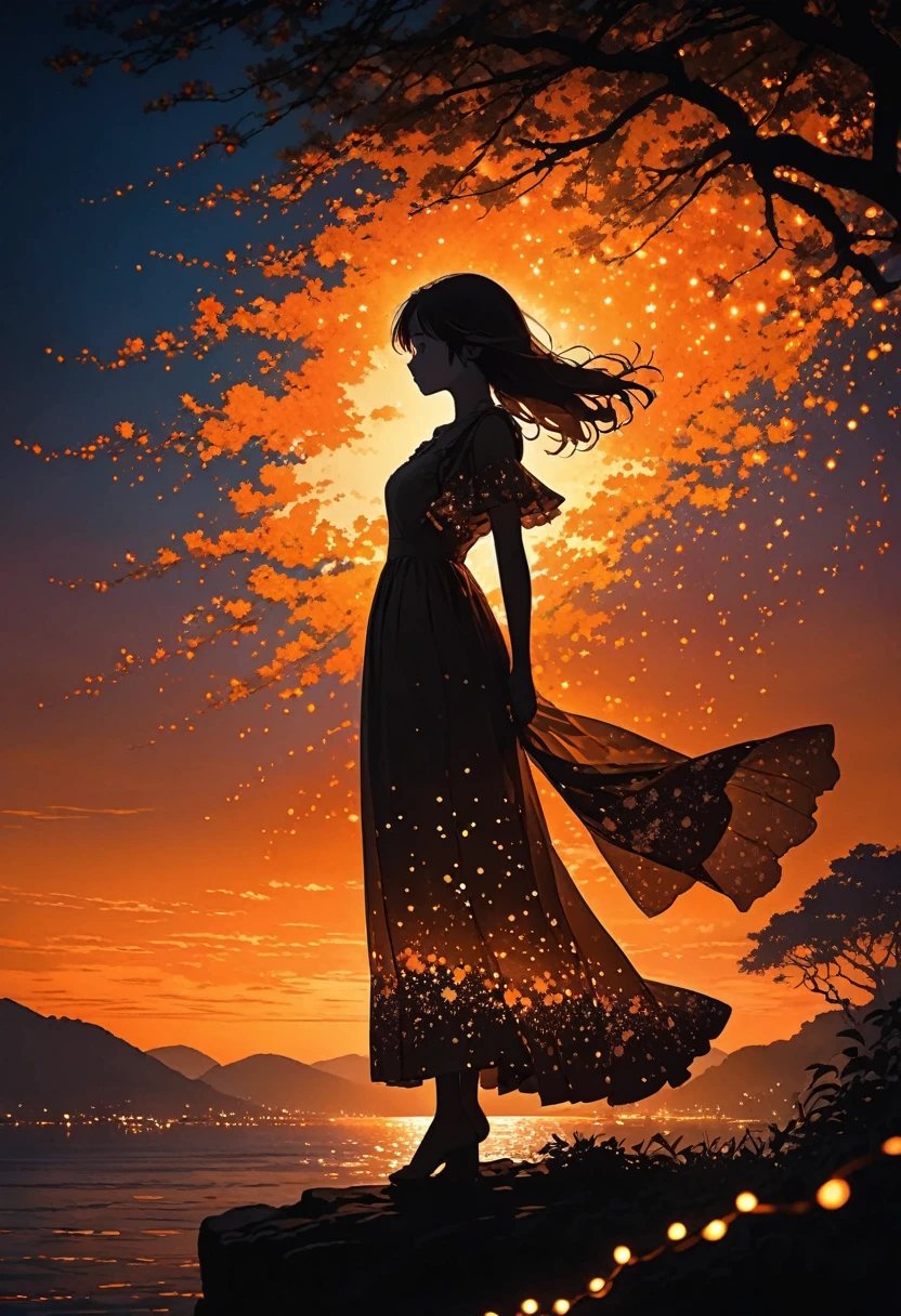 The image depicts a silhouette of a girl standing against a stunning sunset background. The sky transitions from a deep Orange near the horizon to a deep Orange as it ascends. The figure appears to be enveloped in a series of tiny glowing fairy lights, some of which are illuminated, creating a stunning and captivating contrast to the dark silhouette. The figure appears to be holding out one arm, perhaps adjusting to or interacting with the lights. The overall mood of the image is peaceful and magical.