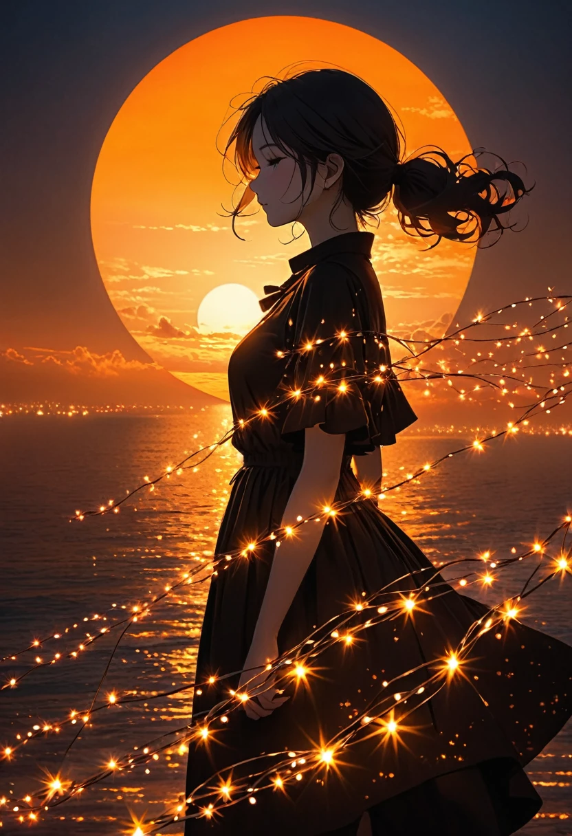 The image depicts a silhouette of a girl standing against a stunning sunset background. The sky transitions from a deep Orange near the horizon to a deep Orange as it ascends. The figure appears to be enveloped in a series of tiny glowing fairy lights, some of which are illuminated, creating a stunning and captivating contrast to the dark silhouette. The figure appears to be holding out one arm, perhaps adjusting to or interacting with the lights. The overall mood of the image is peaceful and magical.