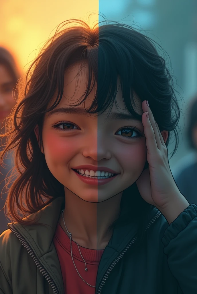 The screen splits into two: one side shows the person smiling with friends, the other shows them alone, overwhelmed by the constant stream of memories.